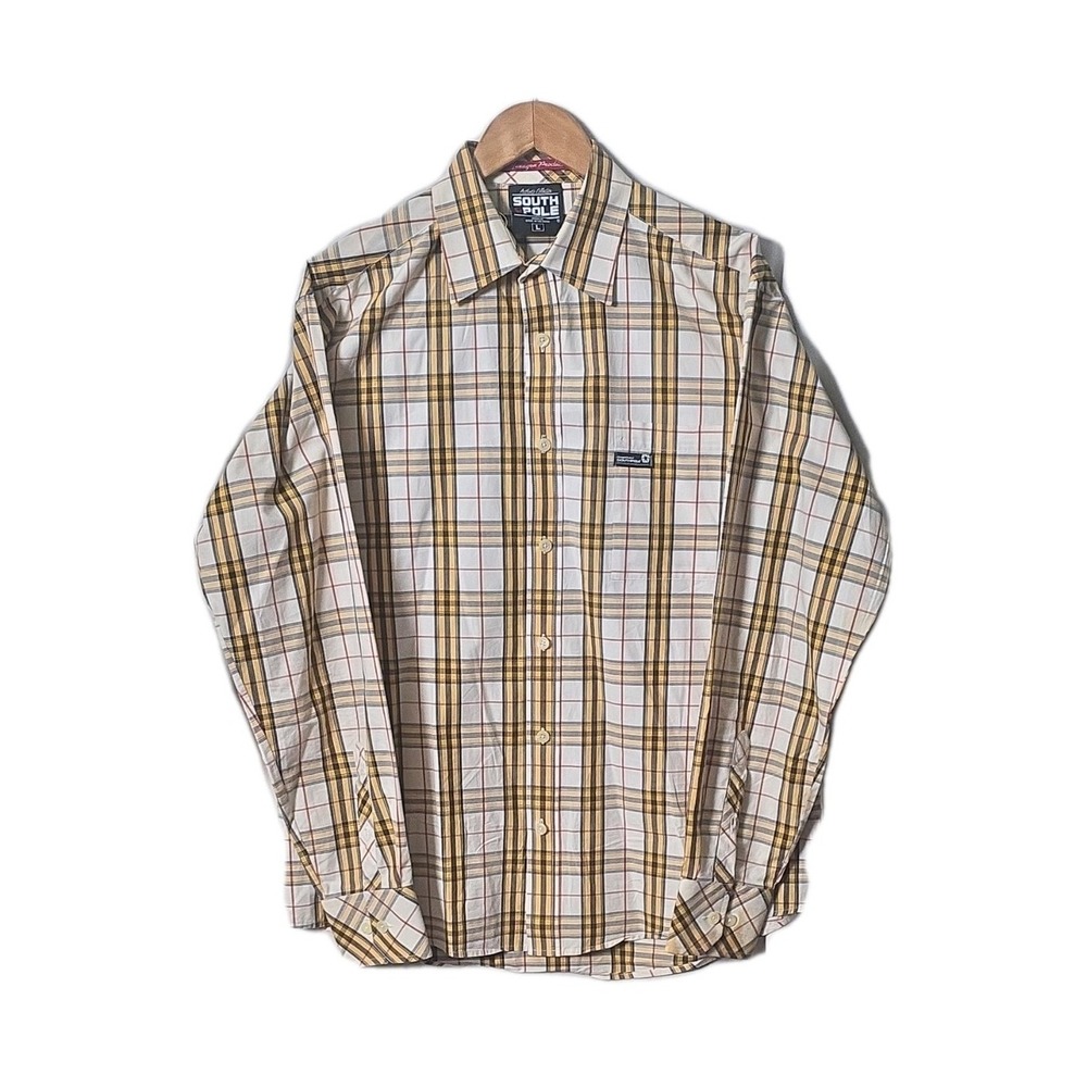 Y2K Southpole Men's L Regular Plaid Long Sleeve Woven Cotton Button-Up Collar